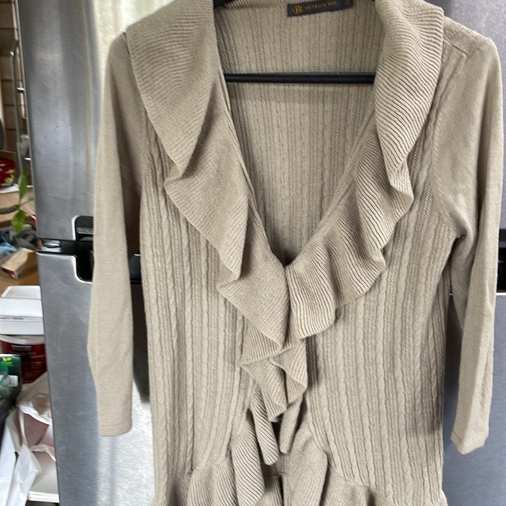 Outback Red oatmeal Fairy Ruffle‎ open front w/hook & eye Cardigan Women  Large